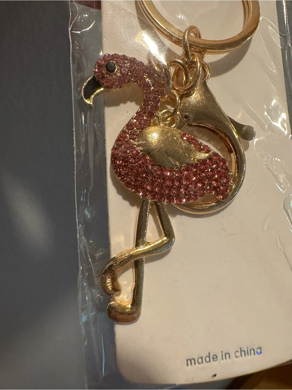 Pink Sparkling Flamingo Gold Tone Keychain or Bag Charm